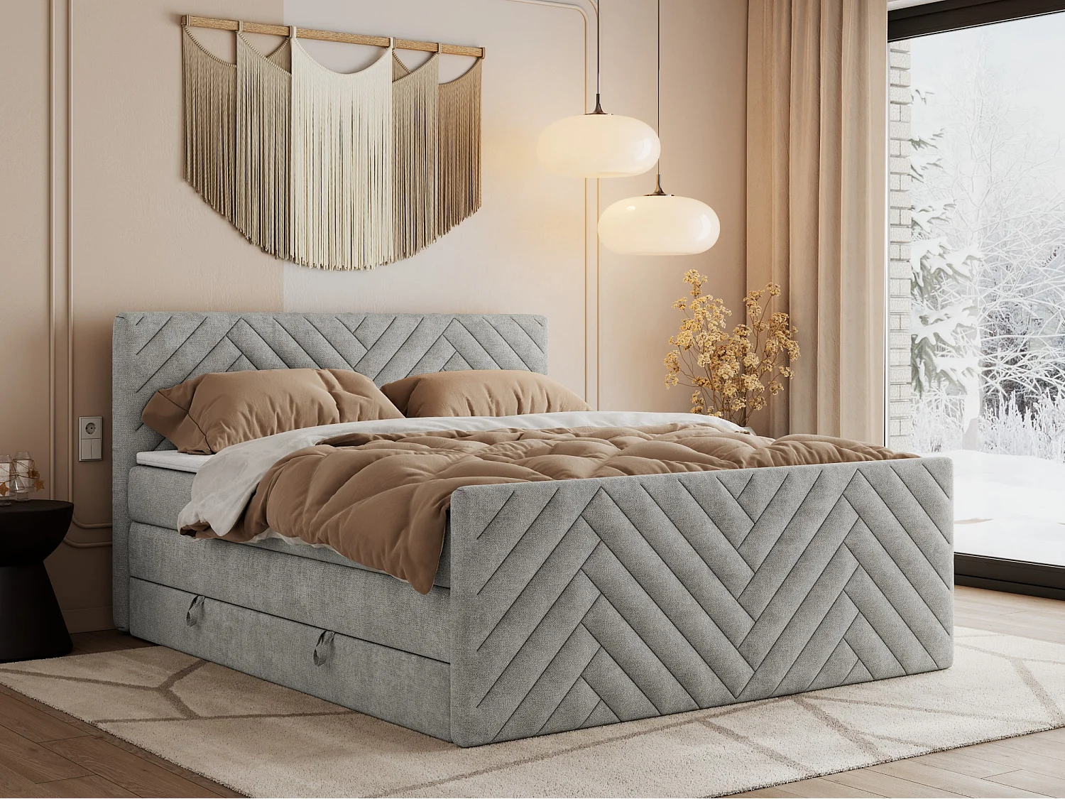 Boxspringbett PARIS KING DUO - dekorative Kopfstütze und Front, zwei Multipocket-Matratze mit Topper - 160x200 cm - H4 - Hellgrau Strukture