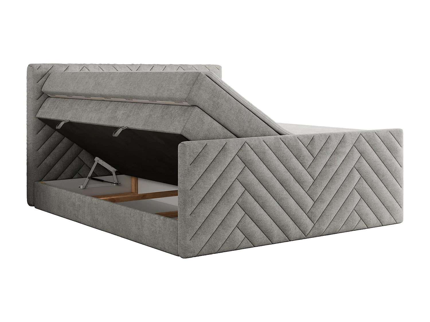 Boxspringbett PARIS KING DUO - dekorative Kopfstütze und Front, zwei Multipocket-Matratze mit Topper - 160x200 cm - H4 - Hellgrau Strukture