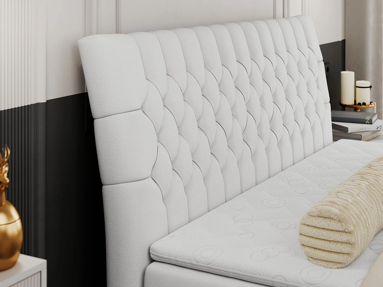 Boxspringbett MILEN - gepolstertes Schlafzimmerbett, zwei Multipocket-Matratze, dekorative hohe Beine - 140x200 cm - H4 - Weiß Kunstleder