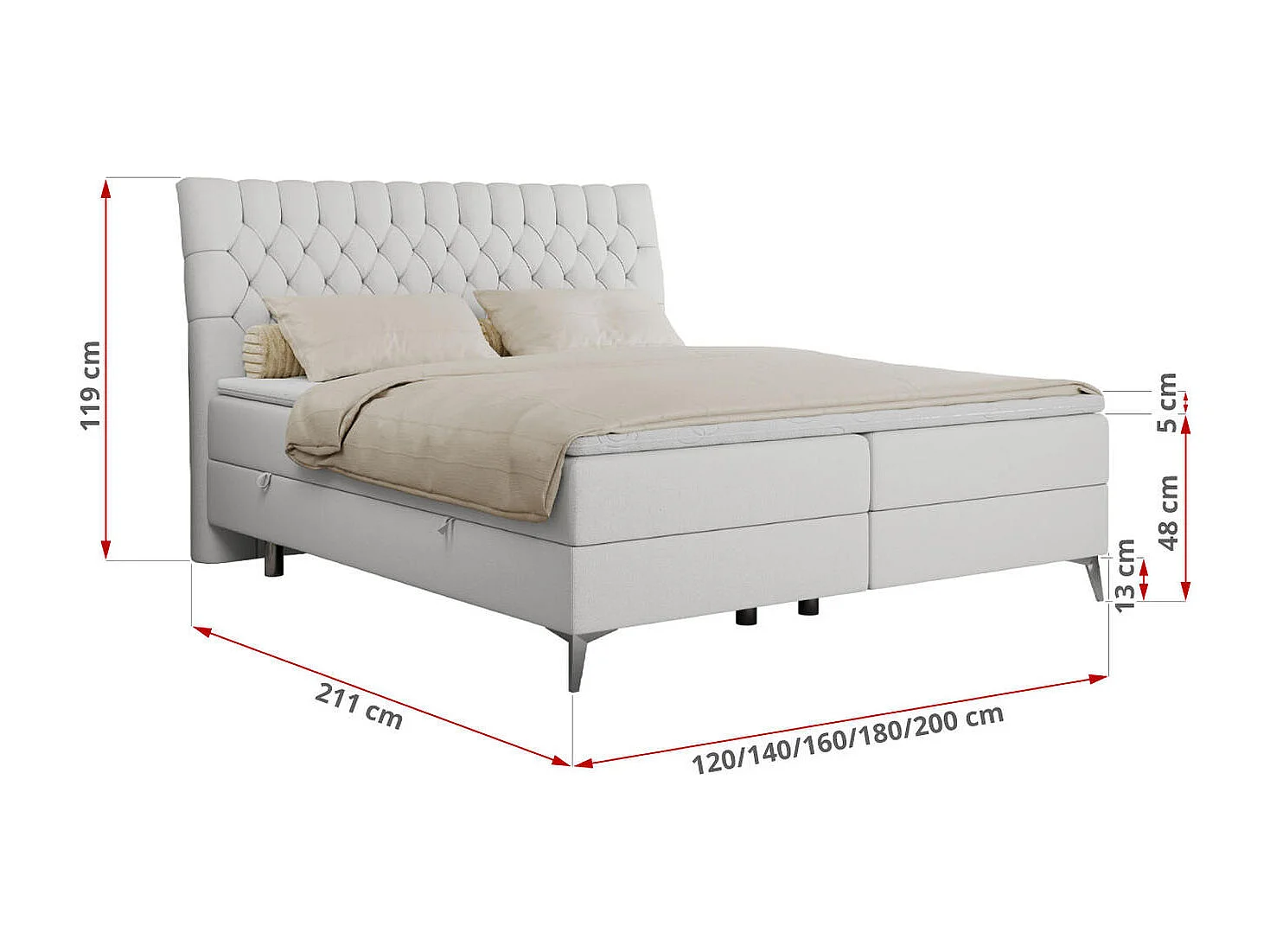 Boxspringbett MILEN - gepolstertes Schlafzimmerbett, zwei Multipocket-Matratze, dekorative hohe Beine - 140x200 cm - H4 - Weiß Kunstleder