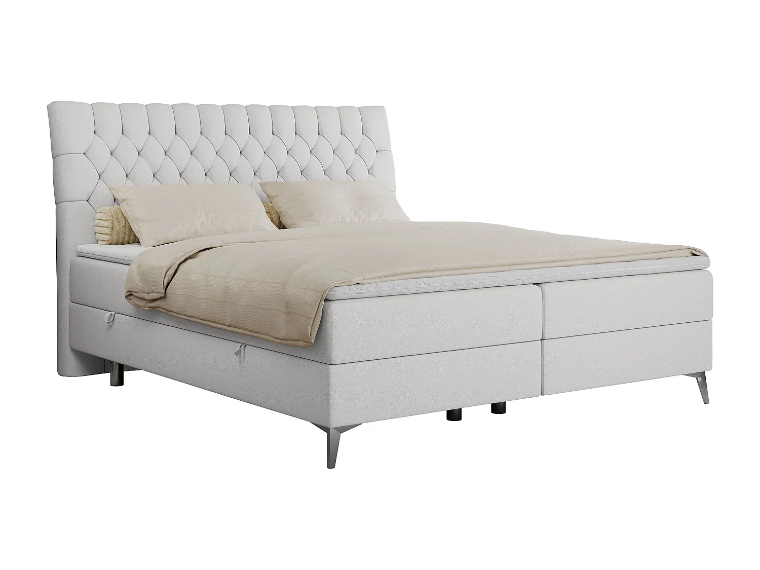Boxspringbett MILEN - gepolstertes Schlafzimmerbett, zwei Multipocket-Matratze, dekorative hohe Beine - 140x200 cm - H4 - Weiß Kunstleder