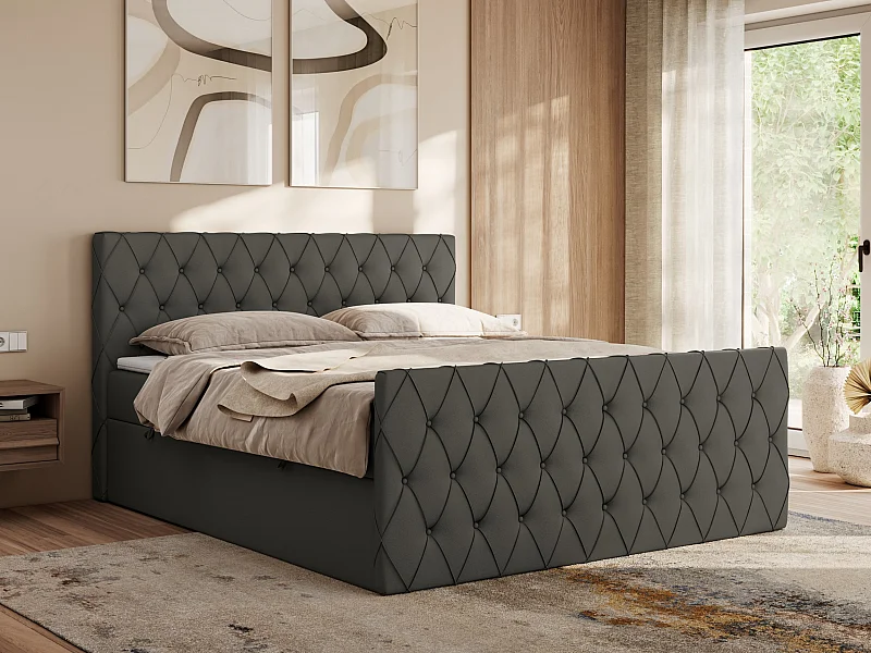 Boxspringbett MIREN DUO - mit gestepptem Kopfteil und Front, Multipocket-Matratze, zwei Bettkästen - 200x200 cm - H4 - Grau Kunstleder