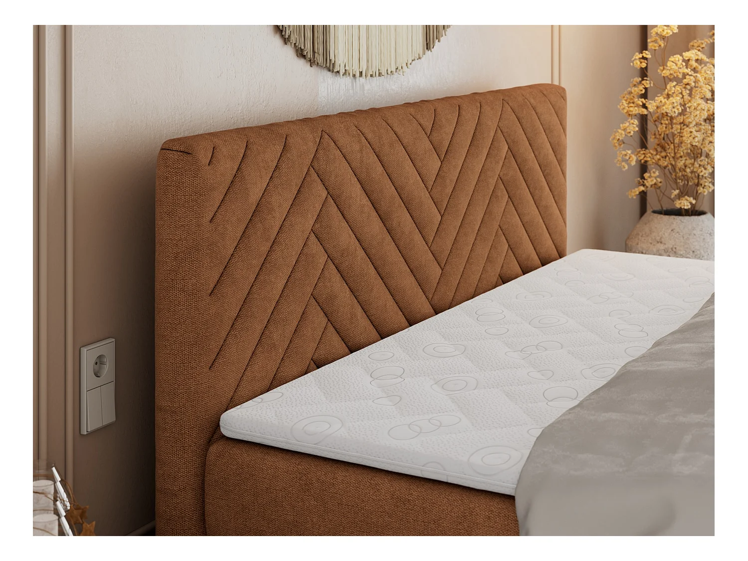 Boxspringbett PARIS KING DUO - dekorative Kopfstütze und Front, zwei Multipocket-Matratze mit Topper - 160x200 cm - H3 - Orange Strukture