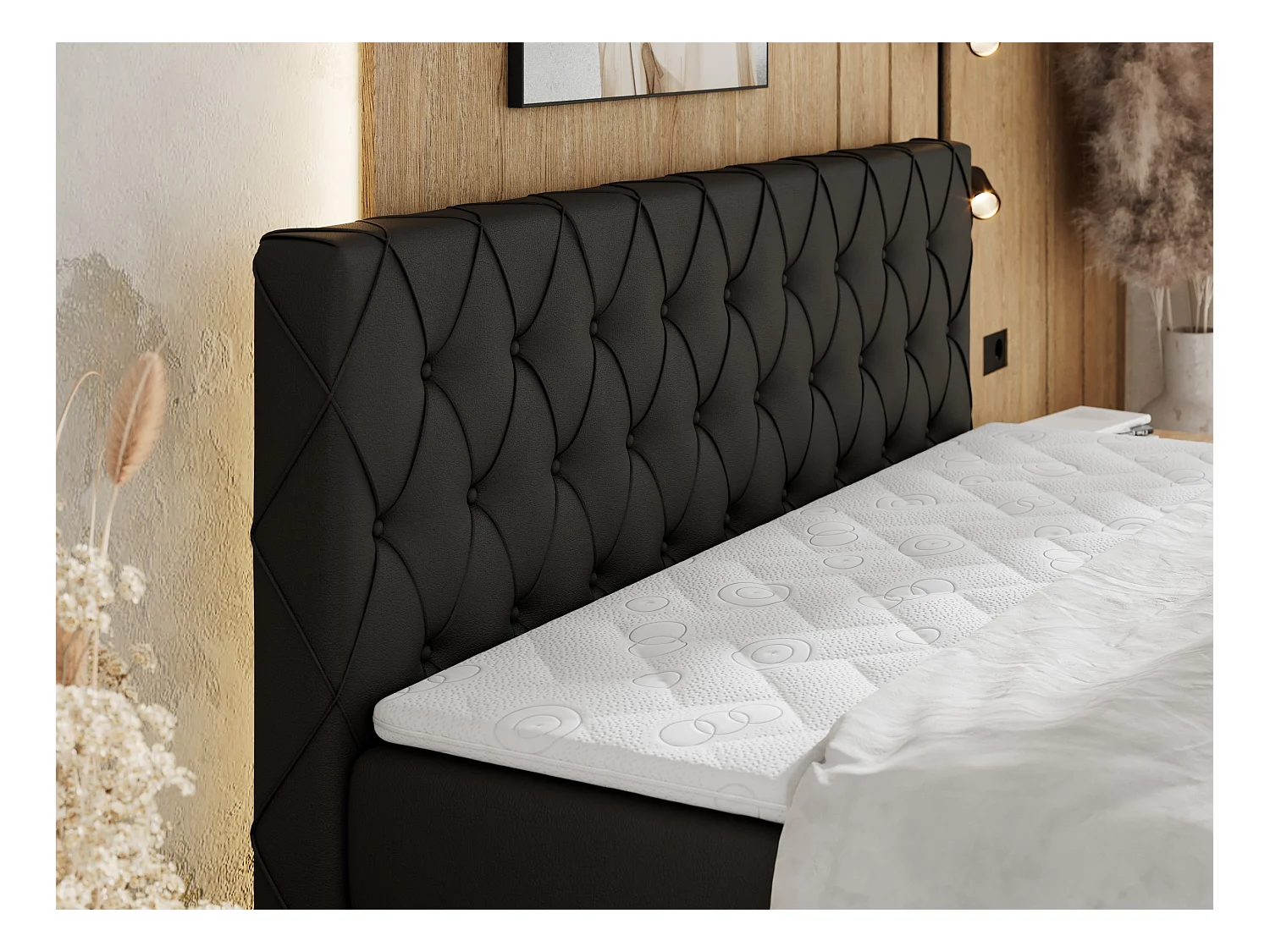 Boxspringbett MIREN KING DUO - für Schlafzimmer mit zwei Multipocket-Matratzen und Topper, gestepptes Kopfteil und Front  - 120x200 cm - H3 - Schwarz Kunstleder
