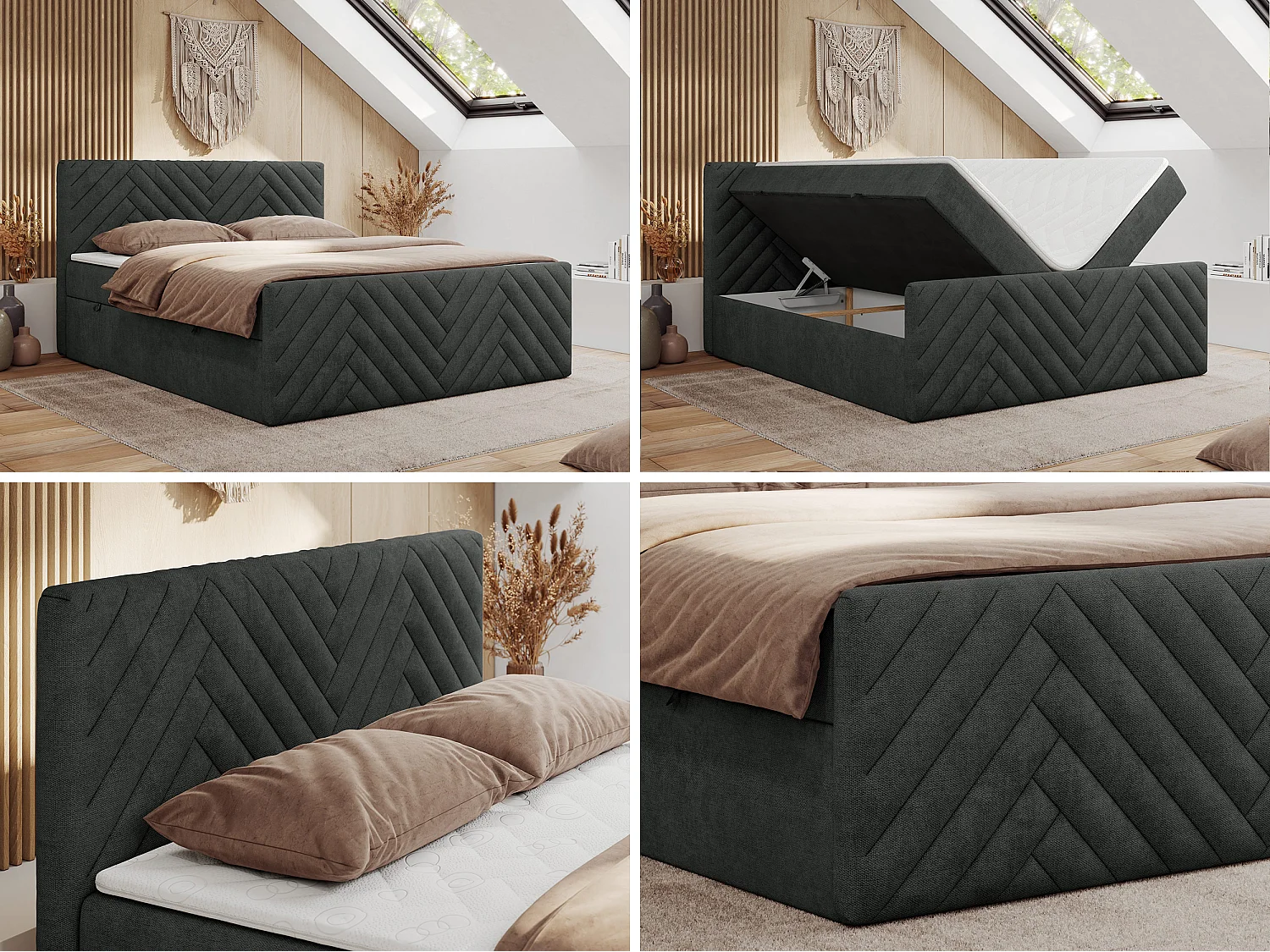 Boxspringbett PARIS DUO - Polsterbett mit genähtem Kopfteil und Frontplatte, Doppelbett, zwei Bettkästen - 160x200 cm - H3 - Dunkelgrau Strukture