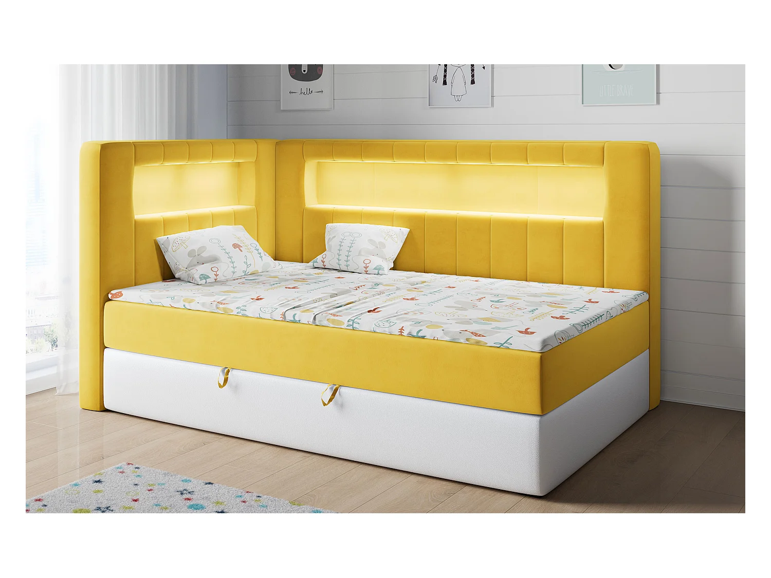 Kinderbett JUNIOR GOLD 3 - Einzelbett mit Matratze, LED-Beleuchtung, Bettkasten - 90x200 cm - Links Seite