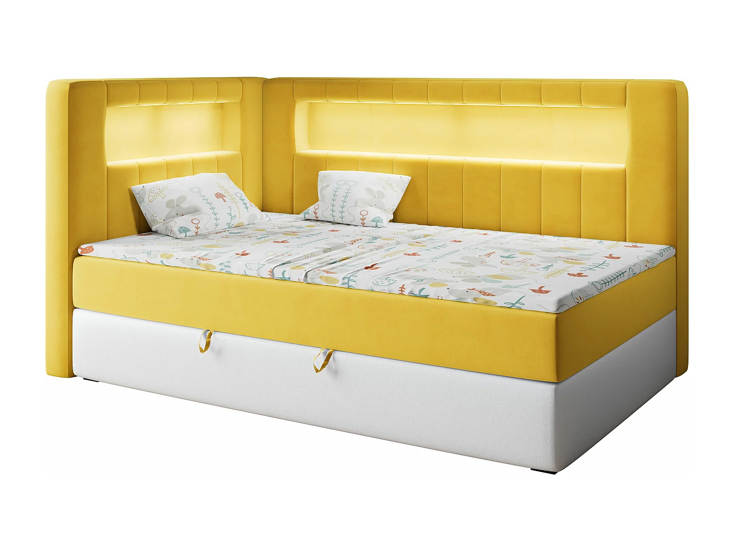 Kinderbett JUNIOR GOLD 3 - Einzelbett mit Matratze, LED-Beleuchtung, Bettkasten - 90x200 cm - Links Seite