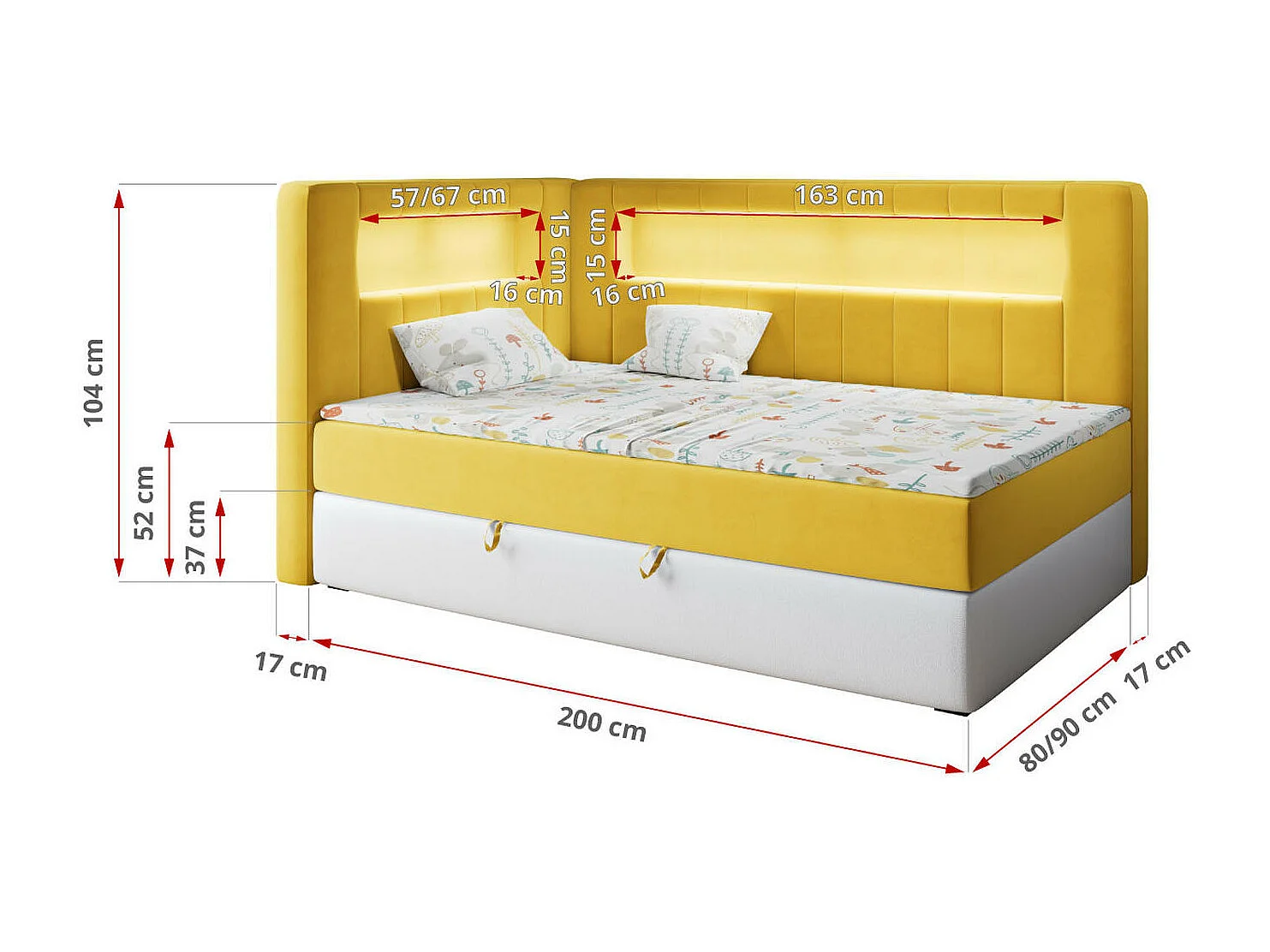 Kinderbett JUNIOR GOLD 3 - Einzelbett mit Matratze, LED-Beleuchtung, Bettkasten - 90x200 cm - Links Seite
