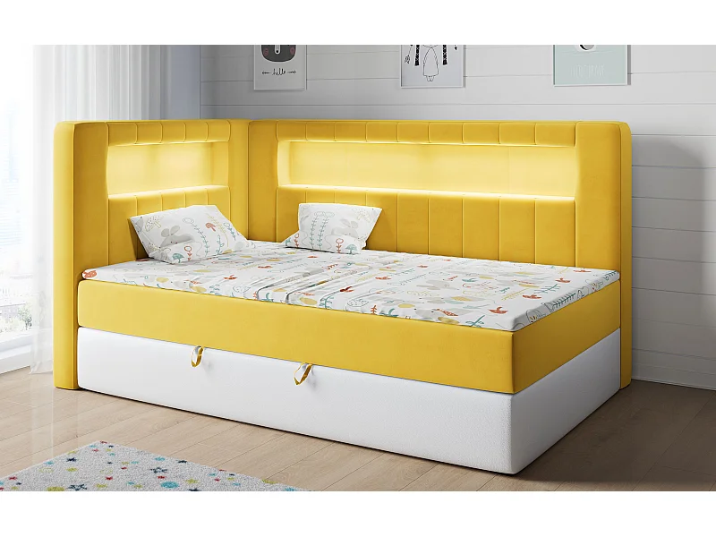 Kinderbett JUNIOR GOLD 3 - Einzelbett mit Matratze, LED-Beleuchtung, Bettkasten - 90x200 cm - Links Seite