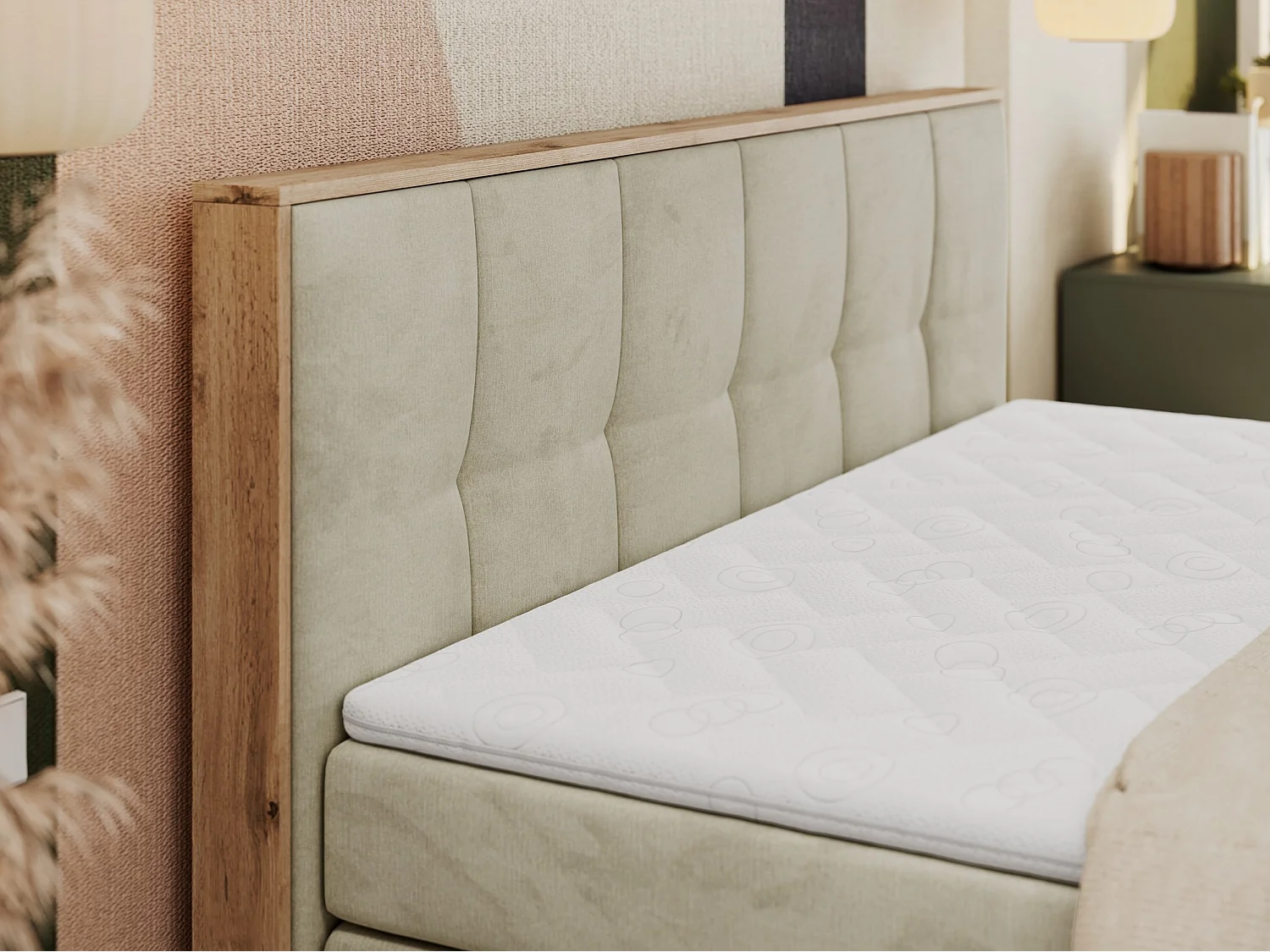 Boxspringbett ALBERO 1 KING - zwei 7 Härtezonen Multipocket-Matratzen, Doppelbett mit Stauraum, Eiche Wotan Holzrahmen - 180x200 cm - H3 - Beige Velvet