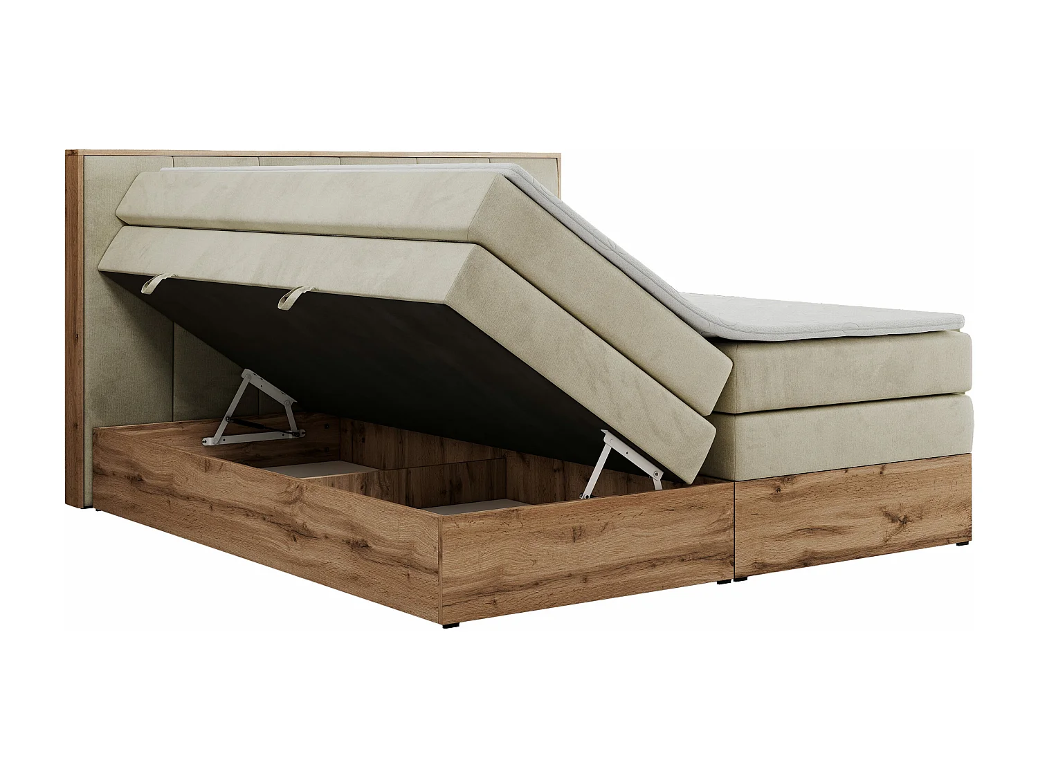 Boxspringbett ALBERO 1 KING - zwei 7 Härtezonen Multipocket-Matratzen, Doppelbett mit Stauraum, Eiche Wotan Holzrahmen - 180x200 cm - H3 - Beige Velvet