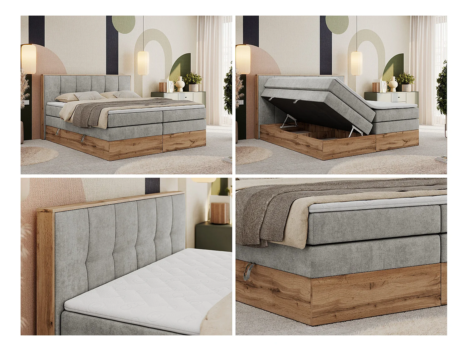 Boxspringbett ALBERO 1 KING - zwei 7 Härtezonen Multipocket-Matratzen, Doppelbett mit Stauraum, Eiche Wotan Holzrahmen - 200x200 cm - H4 - Hellgrau Strukture