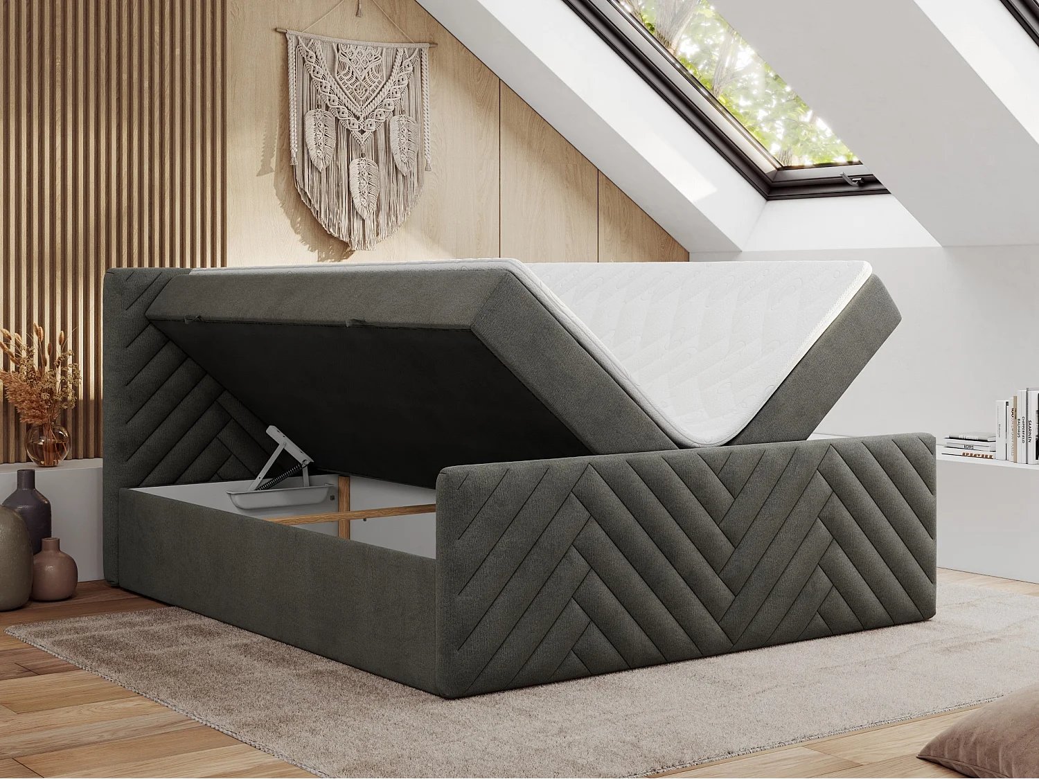 Boxspringbett PARIS DUO - Polsterbett mit genähtem Kopfteil und Frontplatte, Doppelbett, zwei Bettkästen - 140x200 cm - H3 - Dunkelgrau Velvet