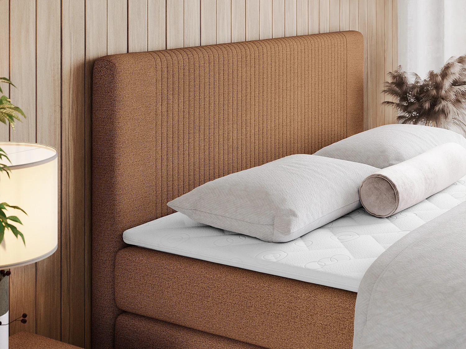 Boxspringbett DOREN KING - mit gesteppter Front und Kopfteil, zwei Multipocket-Matratzen und Topper, Doppelbett - 200x200 cm - H3 - Orange Strukture