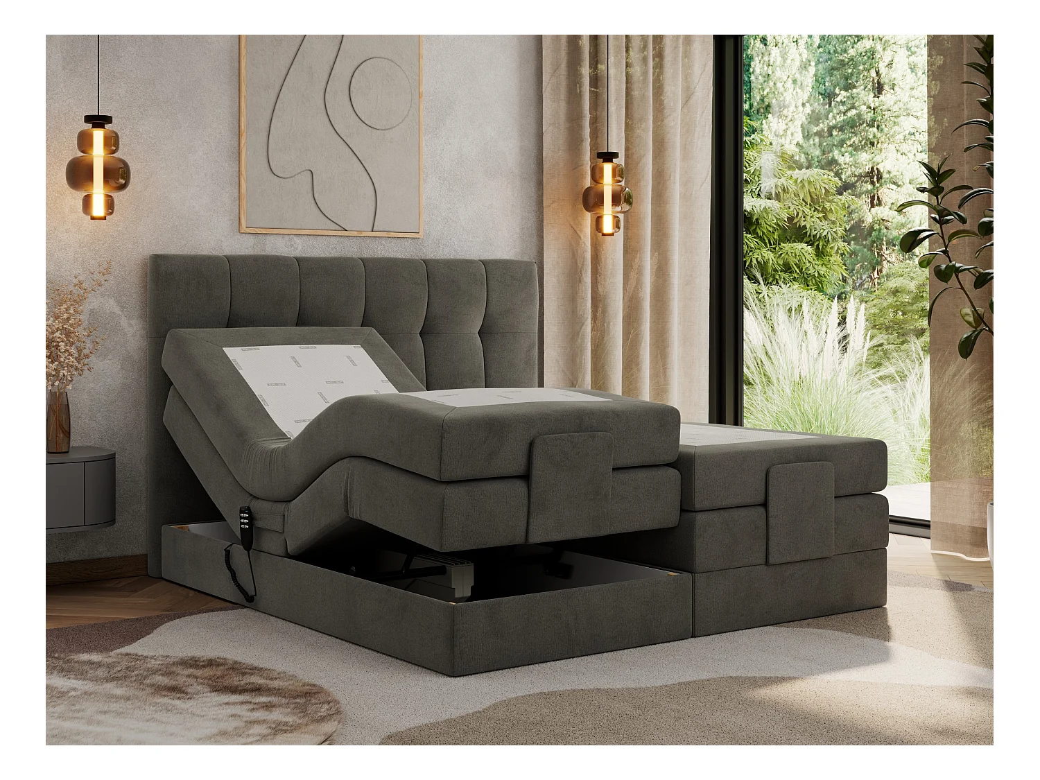 Boxspringbett VITTORIA - mit gestepptem Kopfteil, elektrischem Untergestell, Multipocket-Matratze - 160x200 cm - H3 - Dunkelgrau Velvet