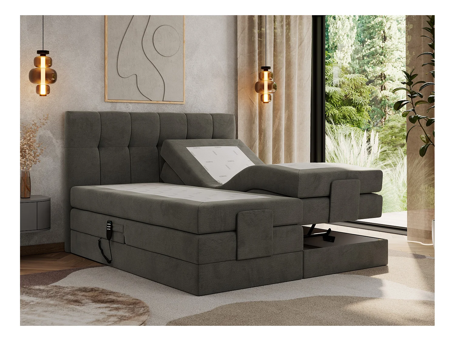 Boxspringbett VITTORIA - mit gestepptem Kopfteil, elektrischem Untergestell, Multipocket-Matratze - 160x200 cm - H3 - Dunkelgrau Velvet