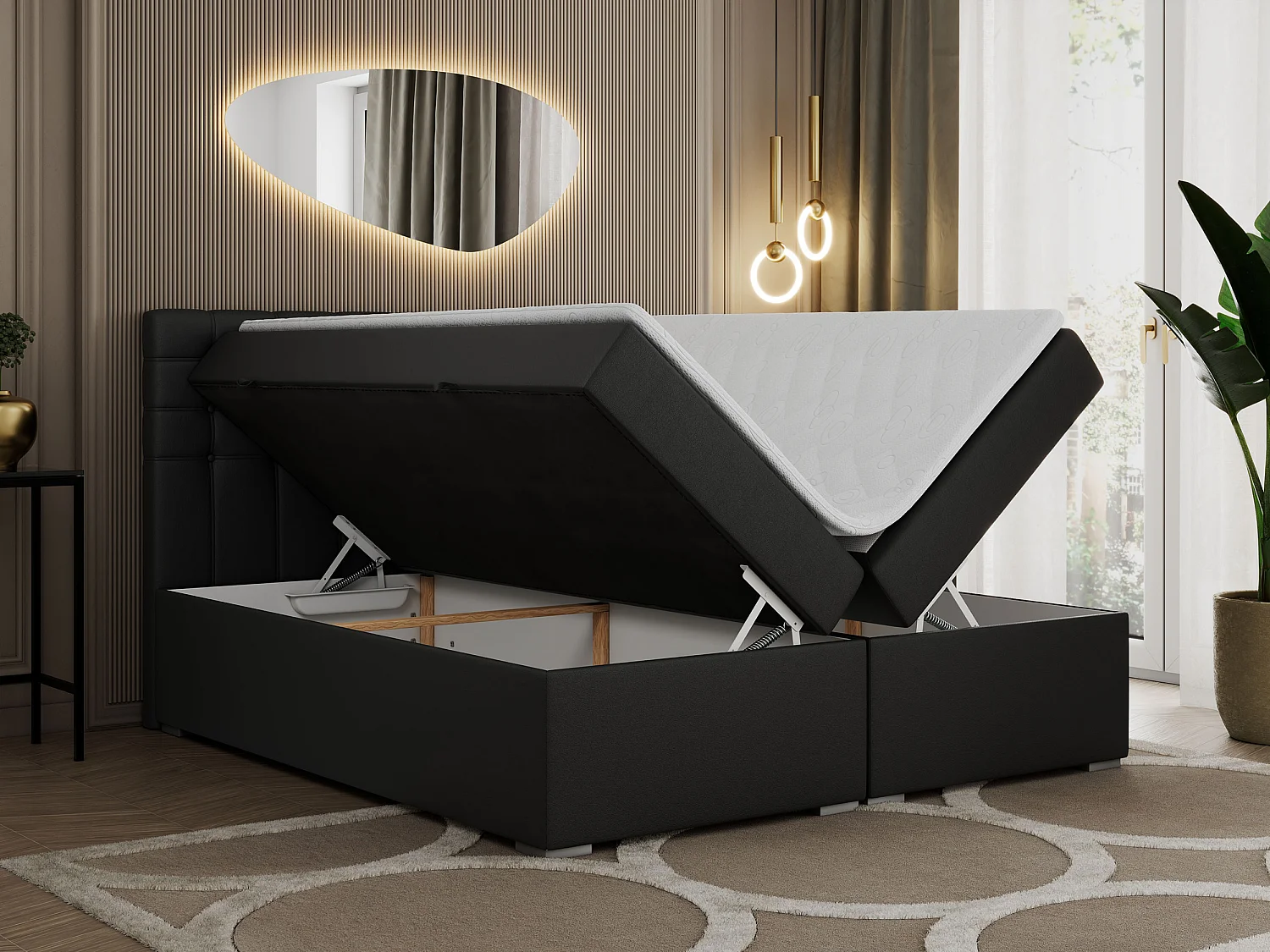 Boxspringbett SUSAN - mit gestepptem Kopfteil, zwei Bettkästen und Topper, gepolstertes Schlafzimmerbett - 120x200 cm - H3 - Schwarz Kunstleder