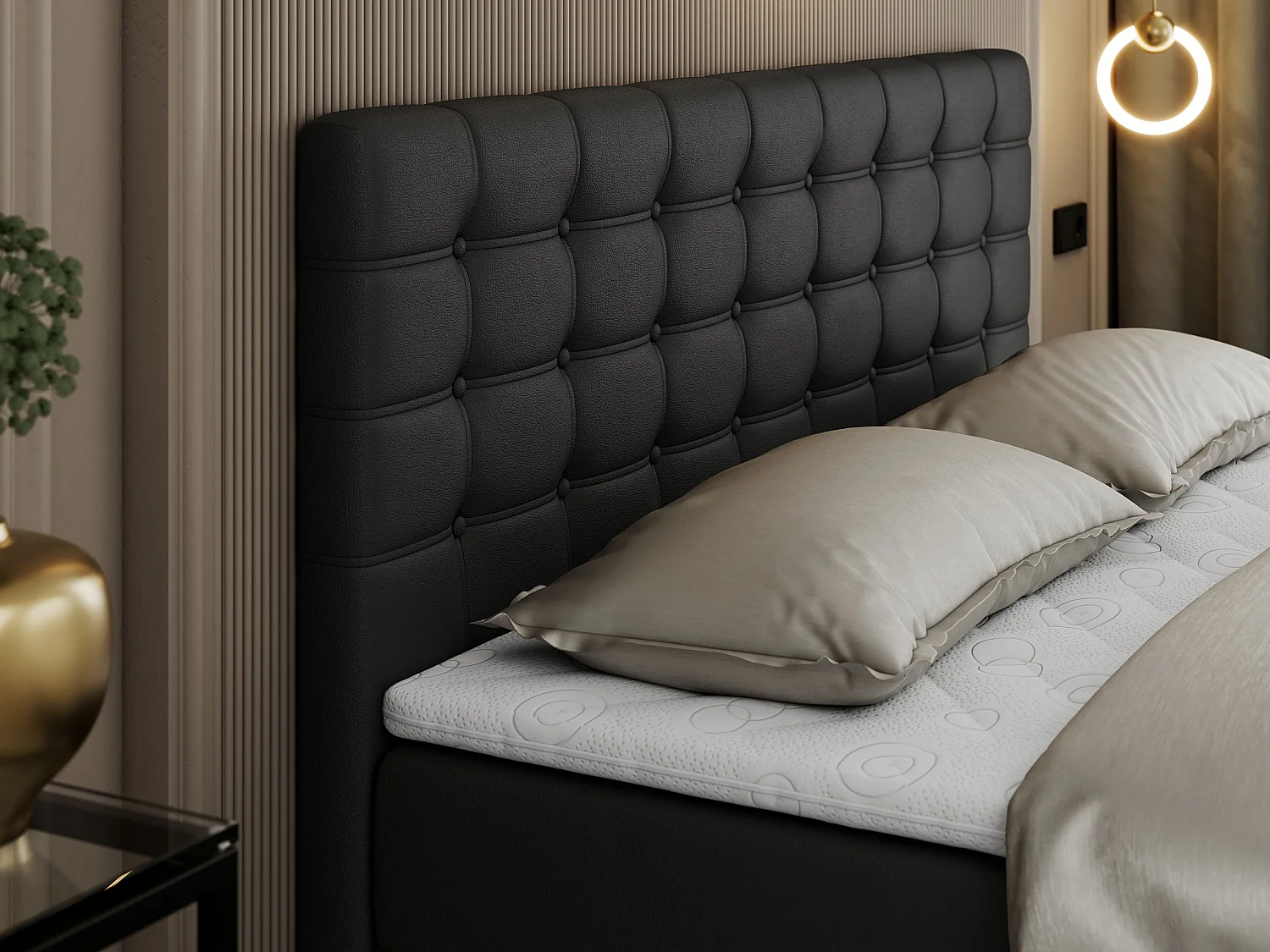 Boxspringbett SUSAN - mit gestepptem Kopfteil, zwei Bettkästen und Topper, gepolstertes Schlafzimmerbett - 120x200 cm - H3 - Schwarz Kunstleder