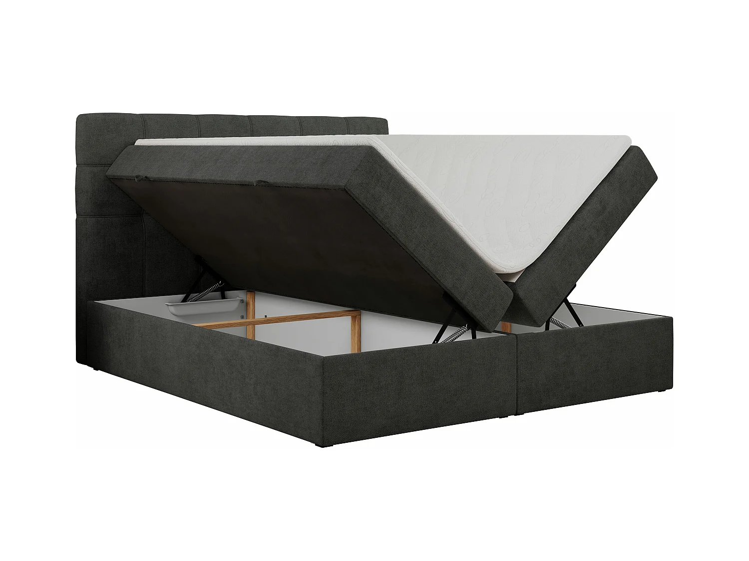 Boxspringbett ERNI - mit gestepptem Kopfteil, Polsterbett, Multipocket-Matratze und Topper, Bettkästen - 180x200 cm - H4 - Dunkelgrau Stukture