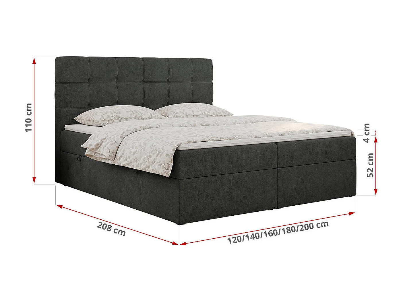 Boxspringbett ERNI - mit gestepptem Kopfteil, Polsterbett, Multipocket-Matratze und Topper, Bettkästen - 180x200 cm - H4 - Dunkelgrau Stukture