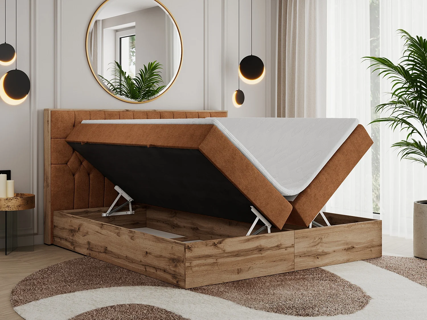 Boxspringbett AMORE - Bett mit Multipocket-Matratze, gesteppte Kopfstütze, Doppelbett für Schlafzimmer - 200x200 cm - H4 - Orange Strukture