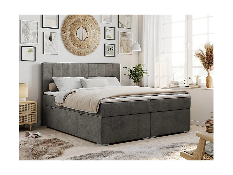 Boxspringbett ALLY - gestreiftes, genähtes Kopfteil, zwei Bettkästen, Multipocket-Matratzen, Praktisch Polsterbett - 160x200 cm - H3 - Dunkelgrau Velvet