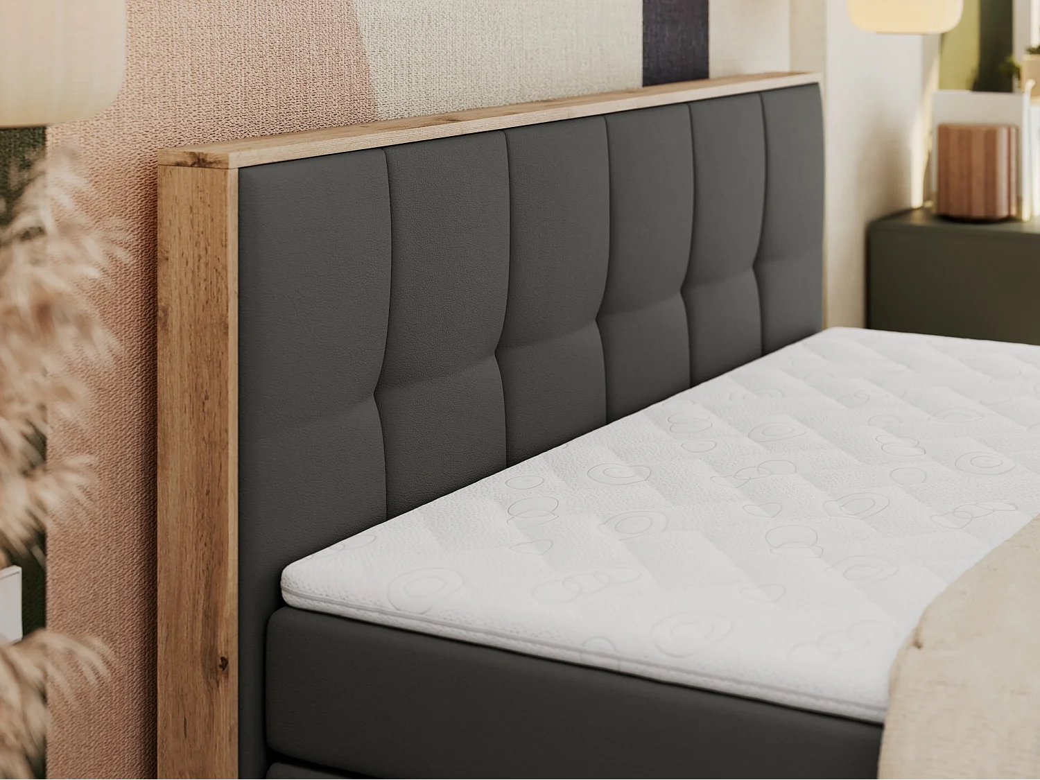 Boxspringbett ALBERO 1 KING - zwei 7 Härtezonen Multipocket-Matratzen, Doppelbett mit Stauraum, Eiche Wotan Holzrahmen - 180x200 cm - H4 - Dunkelgrau Kunstleder