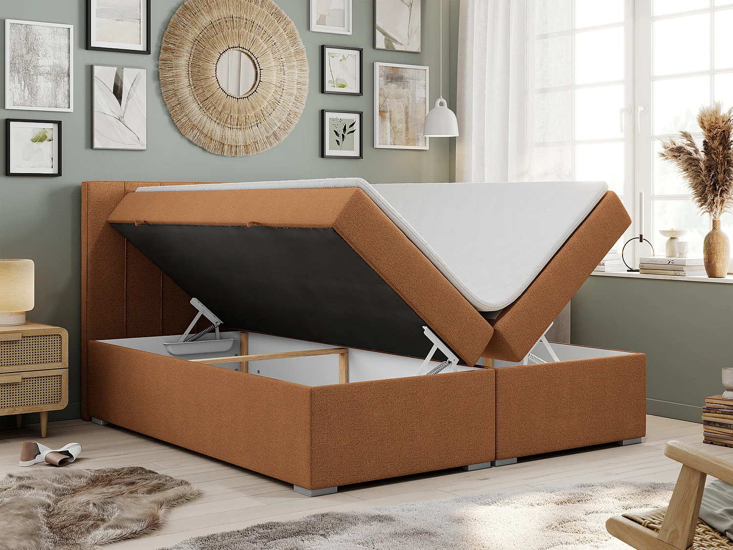 Boxspringbett ALLY - gestreiftes, genähtes Kopfteil, zwei Bettkästen, Multipocket-Matratzen, Praktisch Polsterbett - 140x200 cm - H3 - Orange Strukture