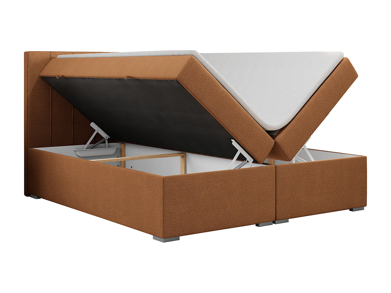 Boxspringbett ALLY - gestreiftes, genähtes Kopfteil, zwei Bettkästen, Multipocket-Matratzen, Praktisch Polsterbett - 140x200 cm - H3 - Orange Strukture