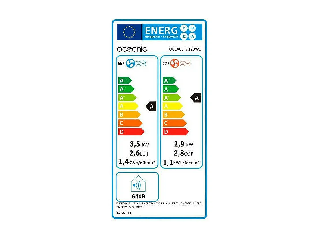 Climatiseur OCEANIC reversible mobile - monobloc - 3530 W - 12000 BTU - Chaud/Froid - Programmable - Classe energetique A