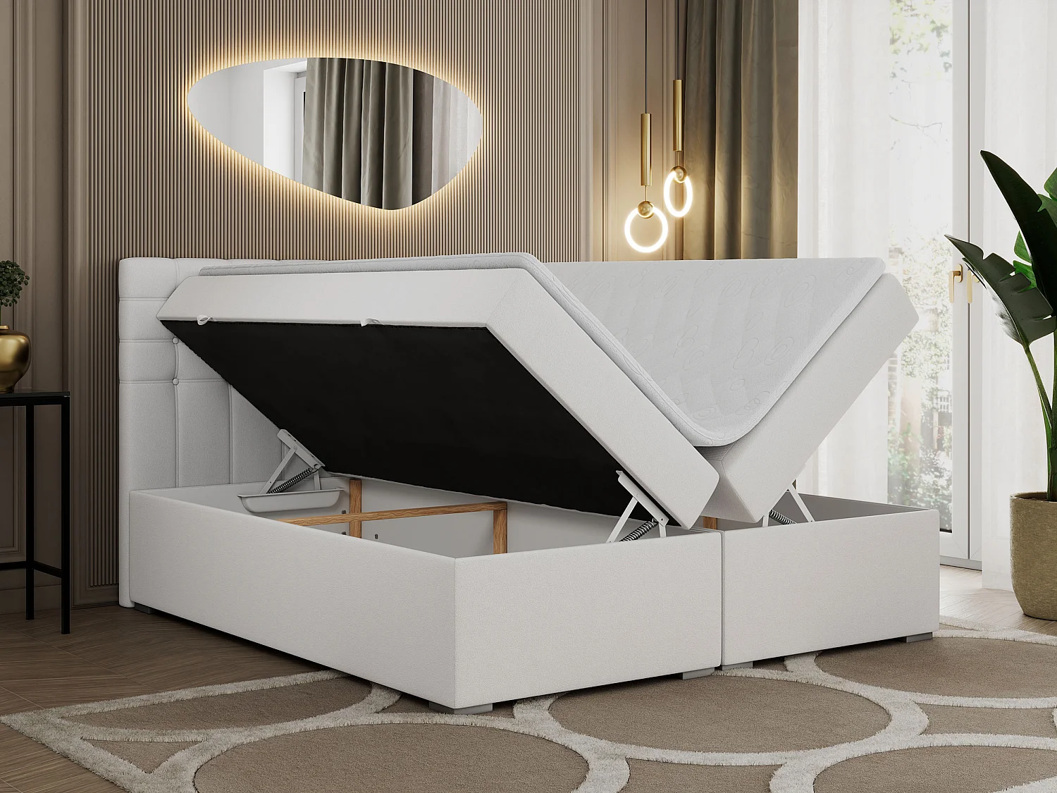 Boxspringbett SUSAN - mit gestepptem Kopfteil, zwei Bettkästen und Topper, gepolstertes Schlafzimmerbett - 180x200 cm - H4 - Weiß Kunstleder