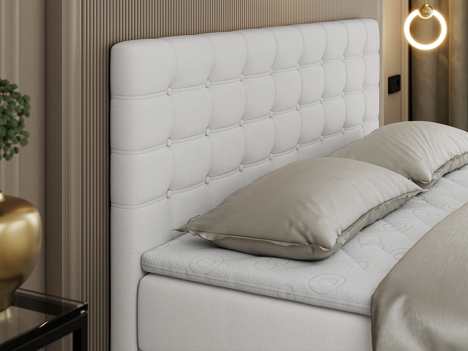 Boxspringbett SUSAN - mit gestepptem Kopfteil, zwei Bettkästen und Topper, gepolstertes Schlafzimmerbett - 180x200 cm - H4 - Weiß Kunstleder