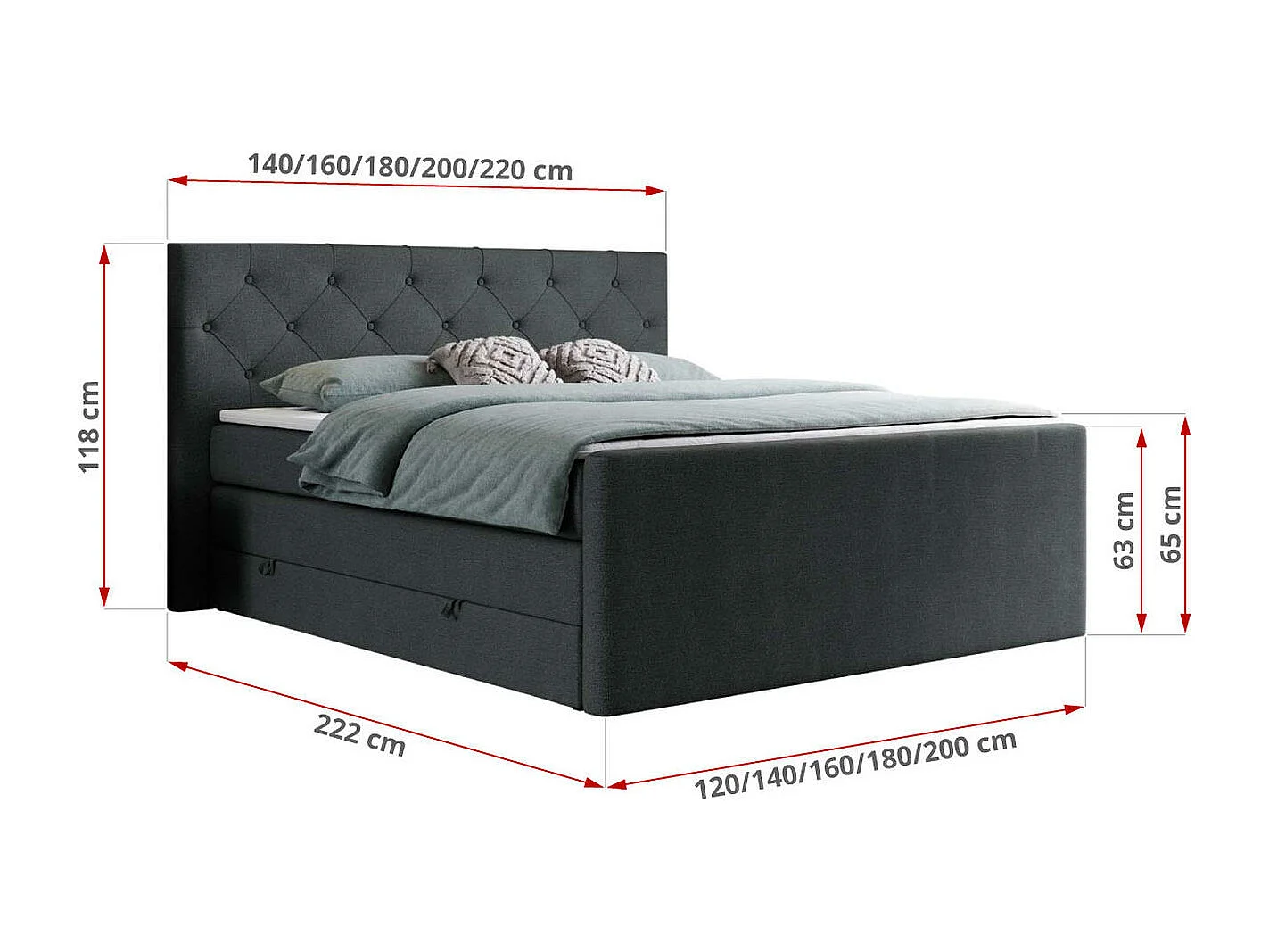 Boxspringbett VELEN KING - Doppelbett mit gestepptem Kopfteil, zwei Multipocket-Matratzen, Polsterbett mit Kopfstütze - 120x200 cm - H4 - Dunkelgrau Strukture