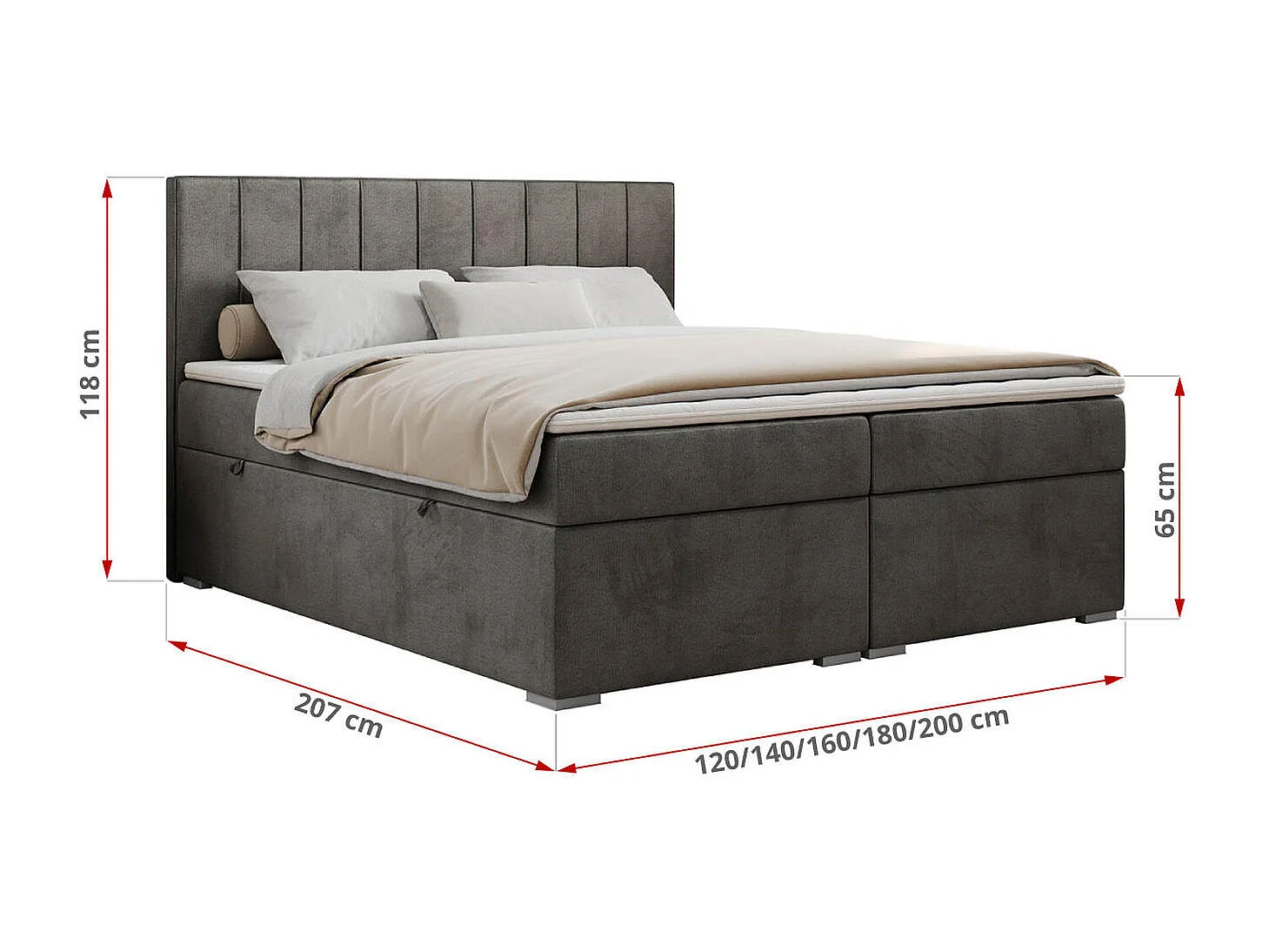 Boxspringbett ALLY - gestreiftes, genähtes Kopfteil, zwei Bettkästen, Multipocket-Matratzen, Praktisch Polsterbett - 180x200 cm - H3 - Dunkelgrau Velvet