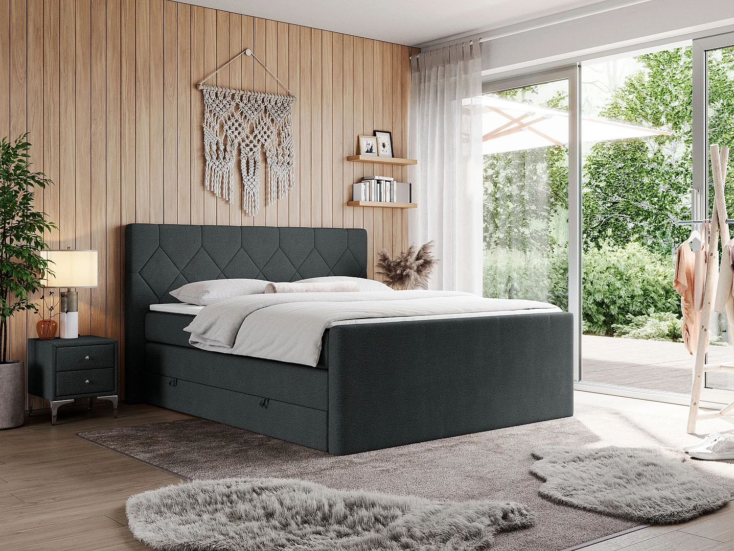 Boxspringbett EIGAR KING - Doppelbett mit genähtem Kopfteil, zwei Multipocket-Matratzen, Polsterbett für Schlafzimmer - 180x200 cm - H4 - Dunkelgrau Strukture