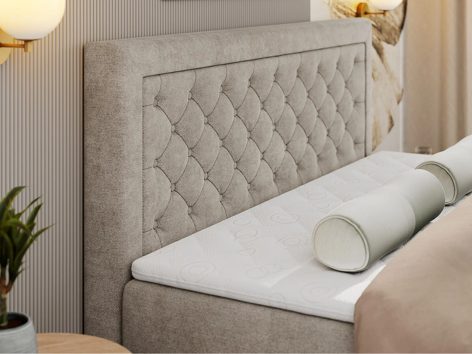 Boxspringbett JASIR - mit gestepptem Kopfteil, Doppelbett für Schlafzimmer, Multipocket-Matratze, Stauraum - 180x200 cm - H4 - Beige Strukture