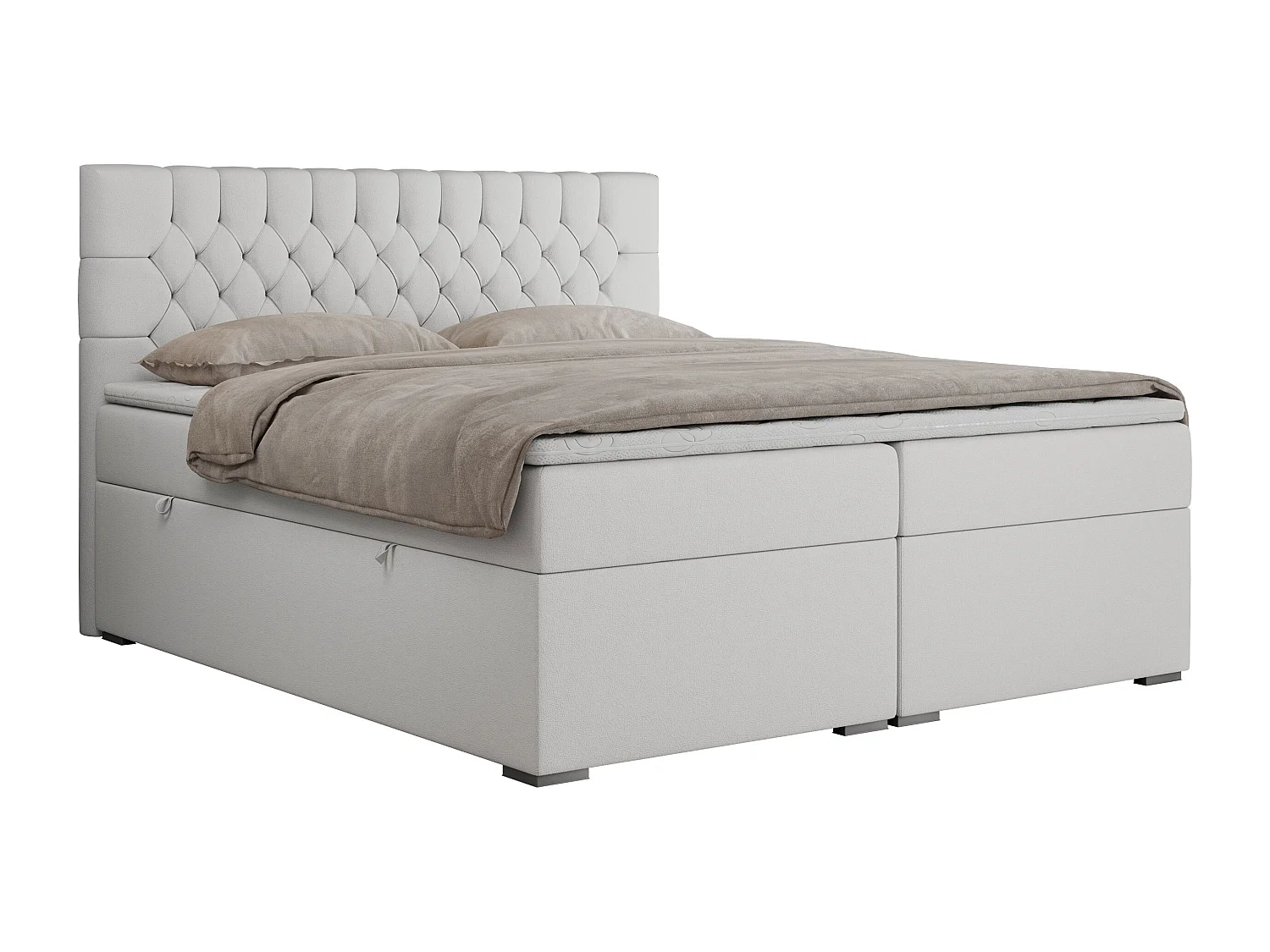 Boxspringbett PERA - gesteppte Kopfstütze, Multipocket-Matratze und Topper, Doppelbett mit Stauraum - 160x200 cm - H3 - Weiß Kunstleder