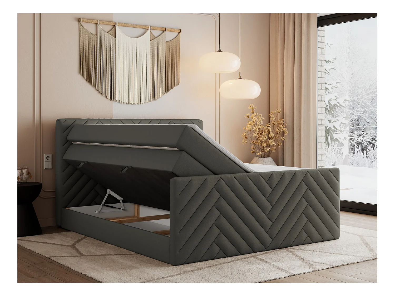 Boxspringbett PARIS KING DUO - dekorative Kopfstütze und Front, zwei Multipocket-Matratze mit Topper - 160x200 cm - H3 - Grau Kunstleder