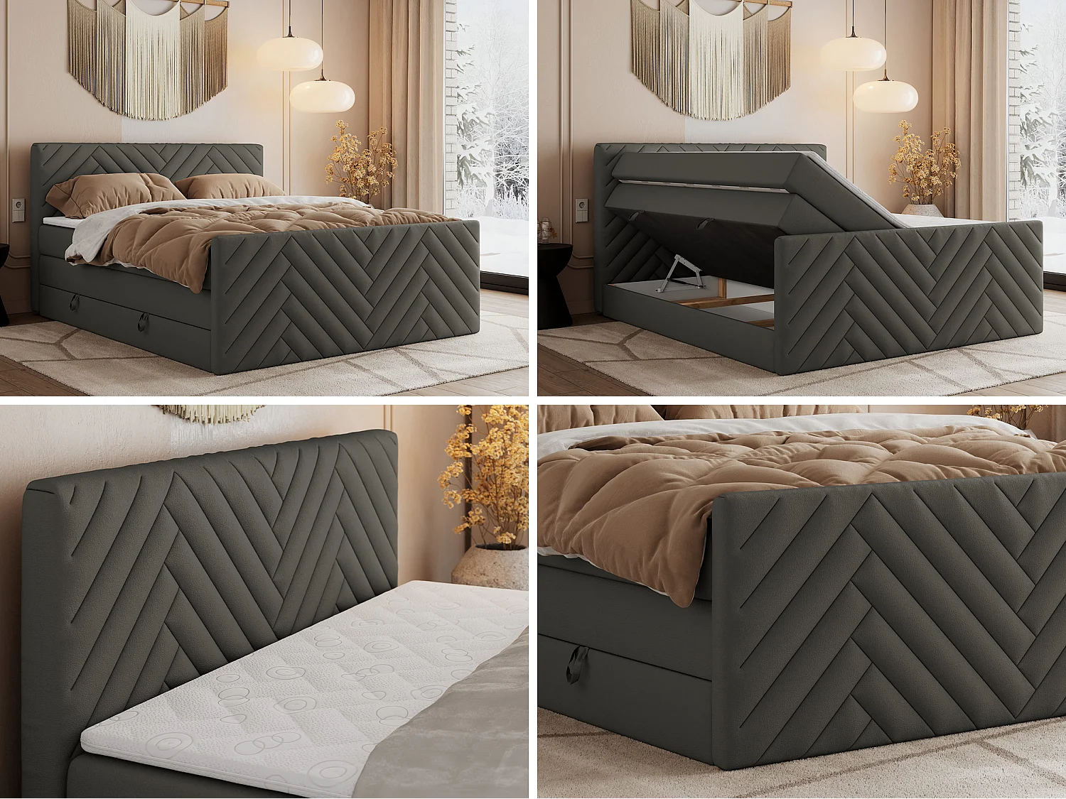 Boxspringbett PARIS KING DUO - dekorative Kopfstütze und Front, zwei Multipocket-Matratze mit Topper - 160x200 cm - H3 - Grau Kunstleder