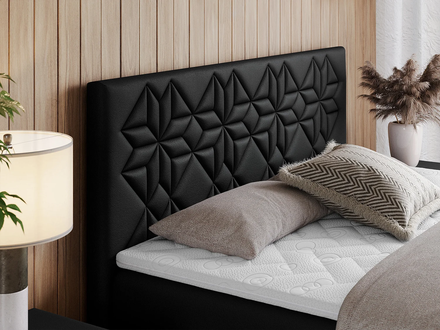 Boxspringbett LEILA - gestepptes Kopfteil,  7 Härtezonen Multipocket-Matratzen, Doppelbett mit Bettkästen - 160x200 cm - H4 - Schwarz Kunstleder