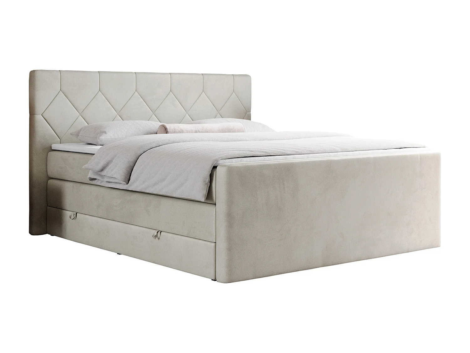 Boxspringbett EIGAR KING - Doppelbett mit genähtem Kopfteil, zwei Multipocket-Matratzen, Polsterbett für Schlafzimmer - 160x200 cm - H3 - Beige Velvet