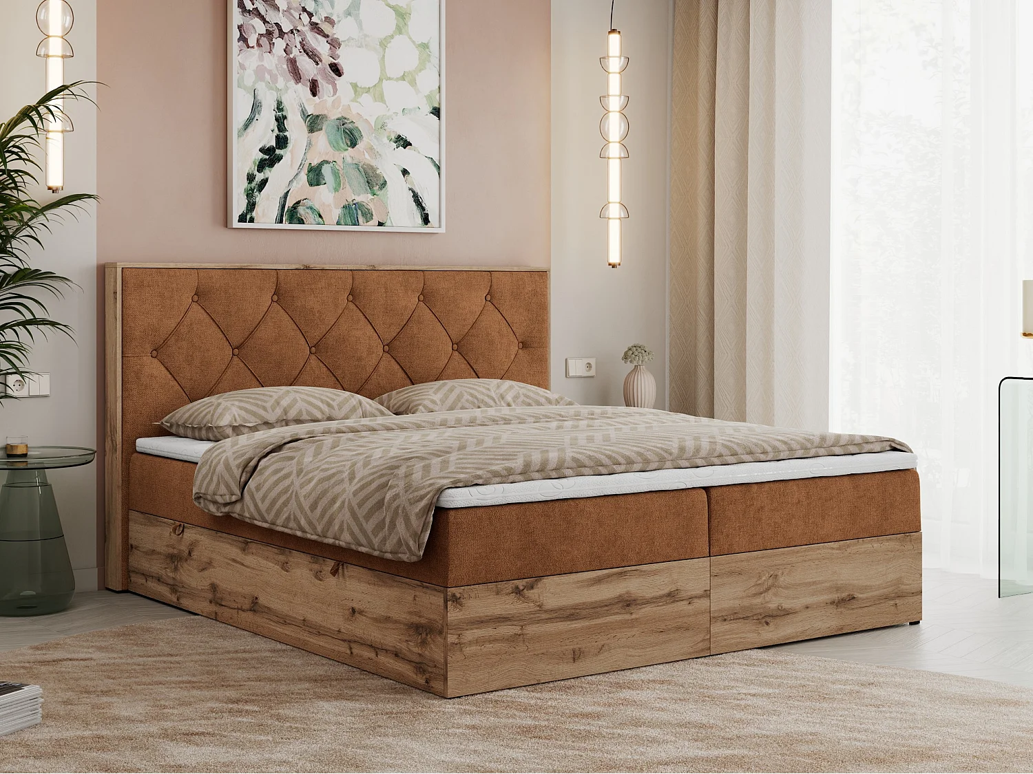 Boxspringbett VENETO - gestepptem Kopfteil, Set mit Multipocket-Matratze und Topper, Holzrahmen, zwei Bettkästen - 200x200 cm - H4 - Orange Strukture