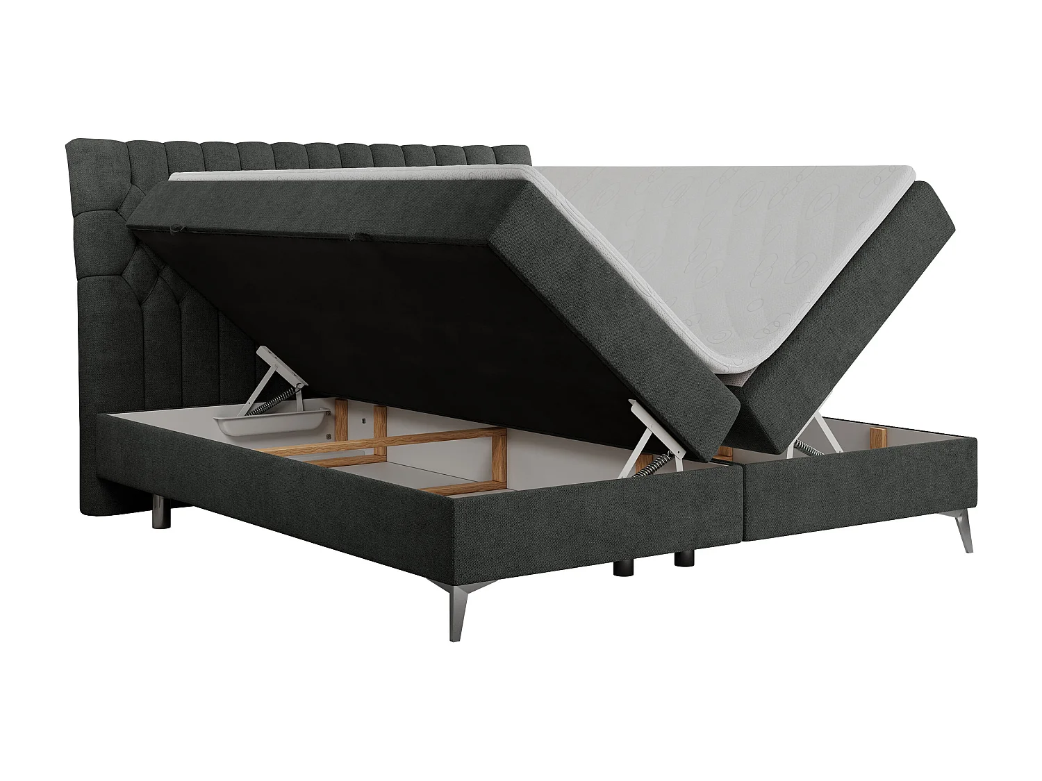 Boxspringbett MILEN - gepolstertes Schlafzimmerbett, zwei Multipocket-Matratze, dekorative hohe Beine - 140x200 cm - H3 - Dunkelgrau Strukture