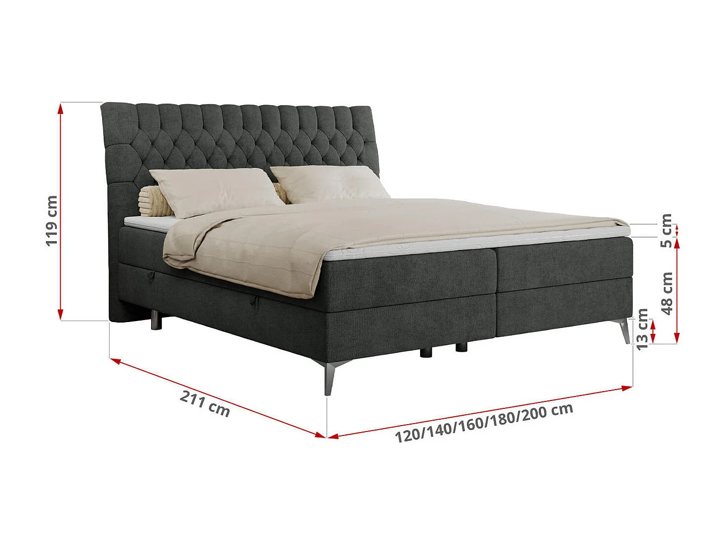 Boxspringbett MILEN - gepolstertes Schlafzimmerbett, zwei Multipocket-Matratze, dekorative hohe Beine - 140x200 cm - H3 - Dunkelgrau Strukture