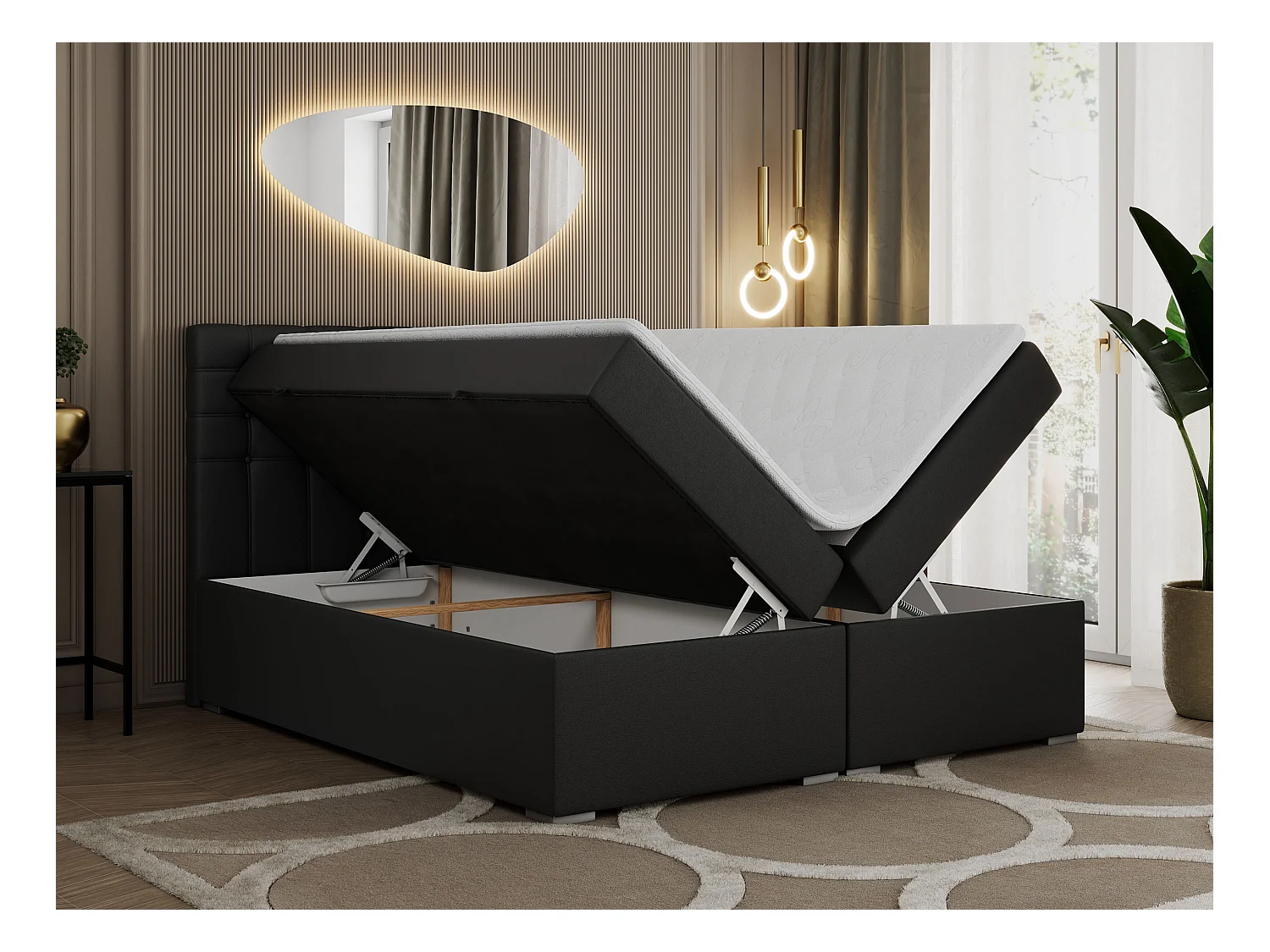 Boxspringbett SUSAN - mit gestepptem Kopfteil, zwei Bettkästen und Topper, gepolstertes Schlafzimmerbett - 160x200 cm - H3 - Schwarz Kunstleder