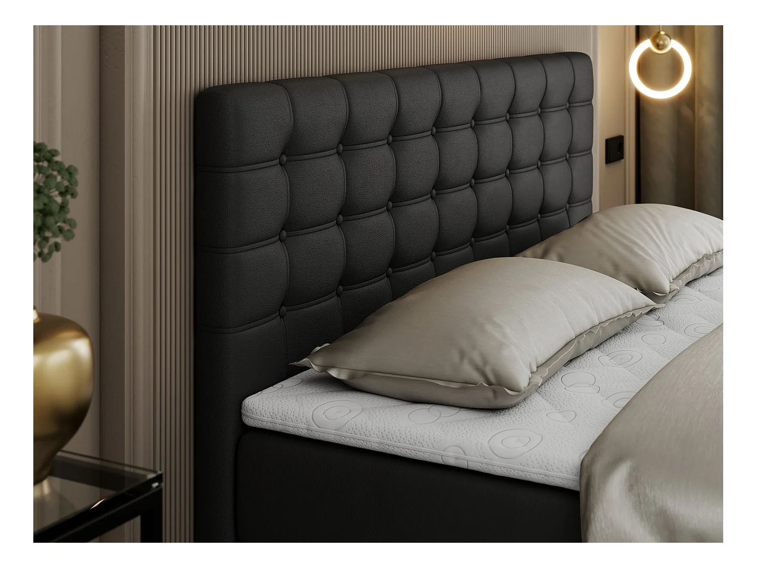 Boxspringbett SUSAN - mit gestepptem Kopfteil, zwei Bettkästen und Topper, gepolstertes Schlafzimmerbett - 160x200 cm - H3 - Schwarz Kunstleder