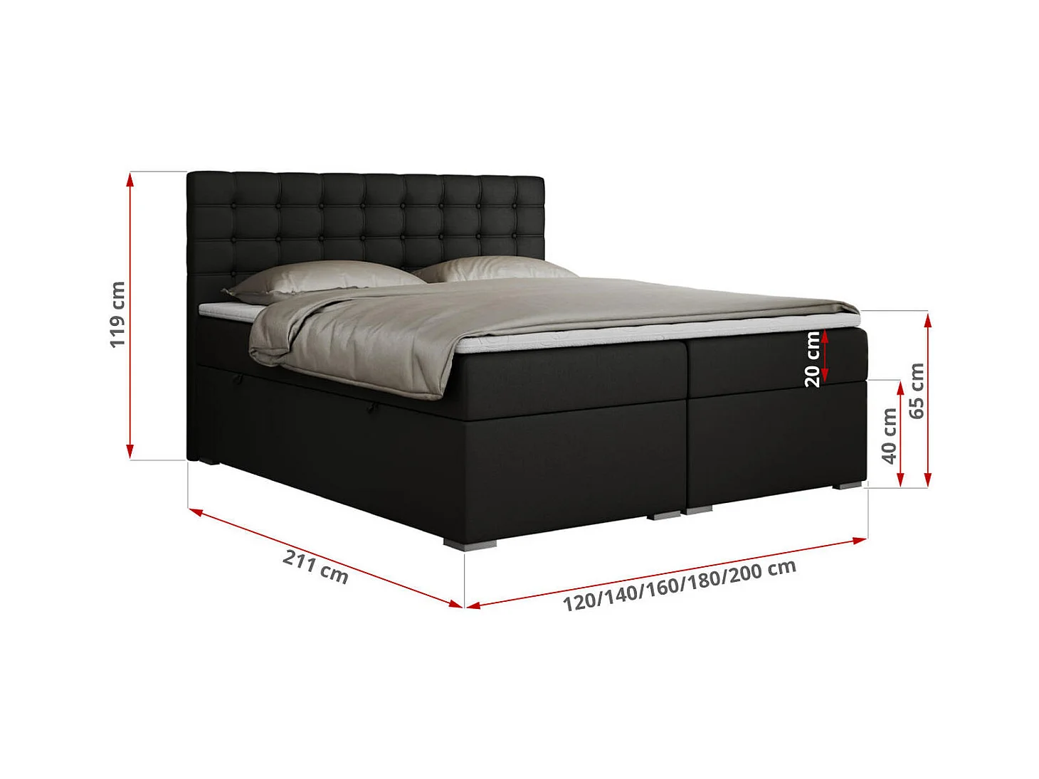 Boxspringbett SUSAN - mit gestepptem Kopfteil, zwei Bettkästen und Topper, gepolstertes Schlafzimmerbett - 160x200 cm - H3 - Schwarz Kunstleder