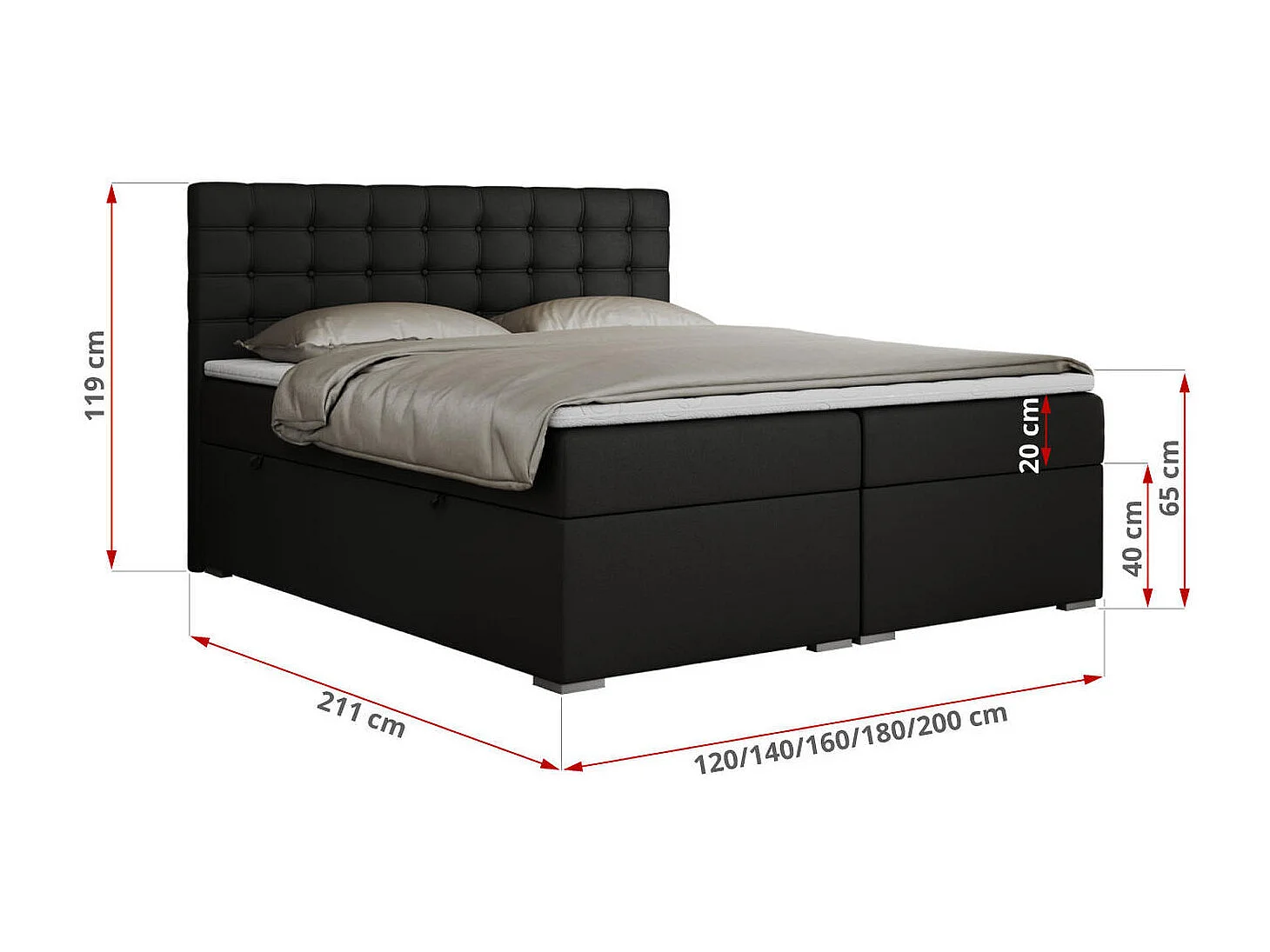 Boxspringbett SUSAN - mit gestepptem Kopfteil, zwei Bettkästen und Topper, gepolstertes Schlafzimmerbett - 160x200 cm - H3 - Schwarz Kunstleder