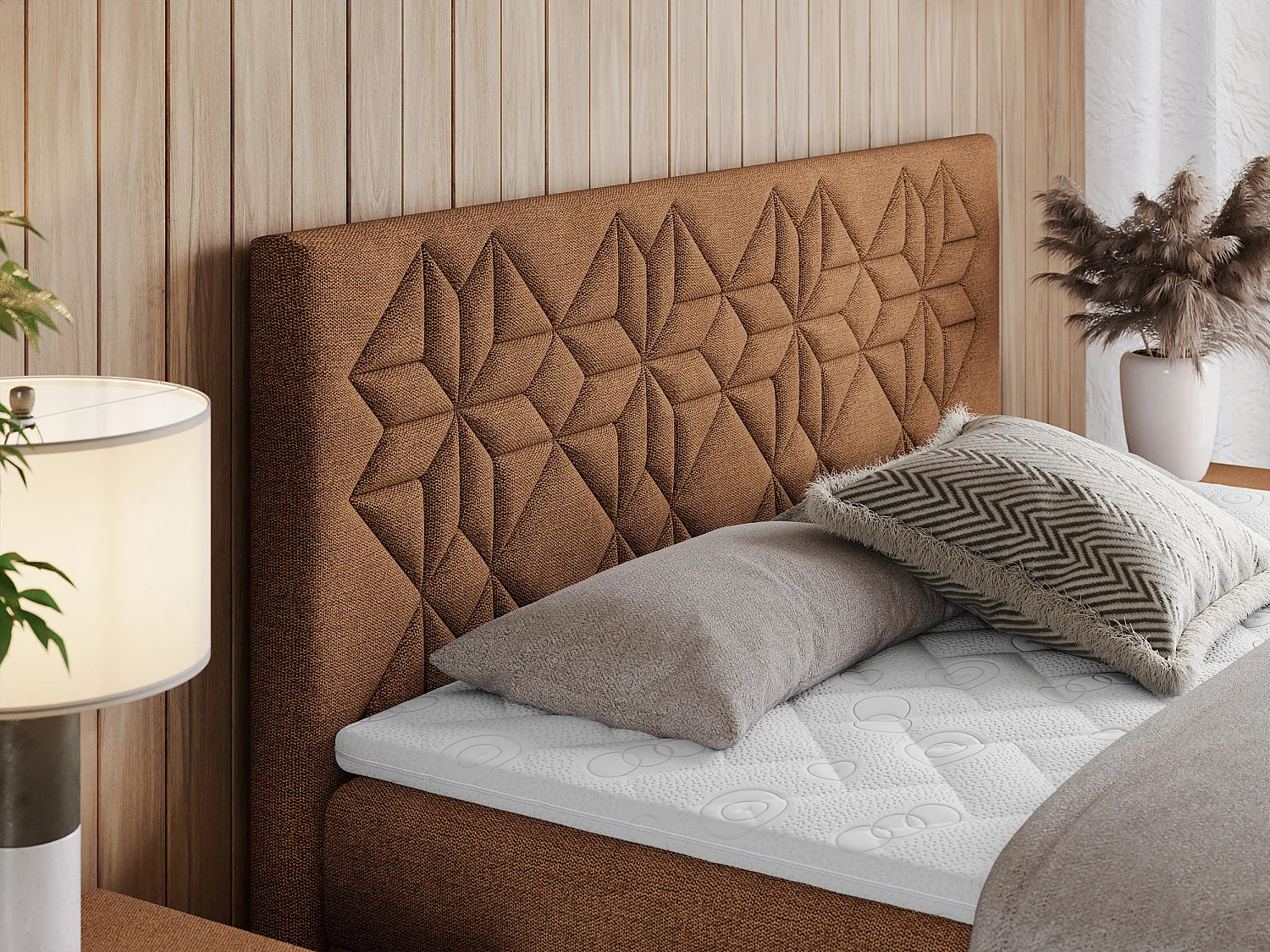 Boxspringbett LEILA - gestepptes Kopfteil,  7 Härtezonen Multipocket-Matratzen, Doppelbett mit Bettkästen - 200x200 cm - H3 - Orange Strukture