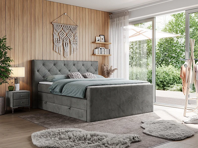 Boxspringbett VELEN KING - Doppelbett mit gestepptem Kopfteil, zwei Multipocket-Matratzen, Polsterbett mit Kopfstütze - 120x200 cm - H4 - Dunkelgrau Velvet